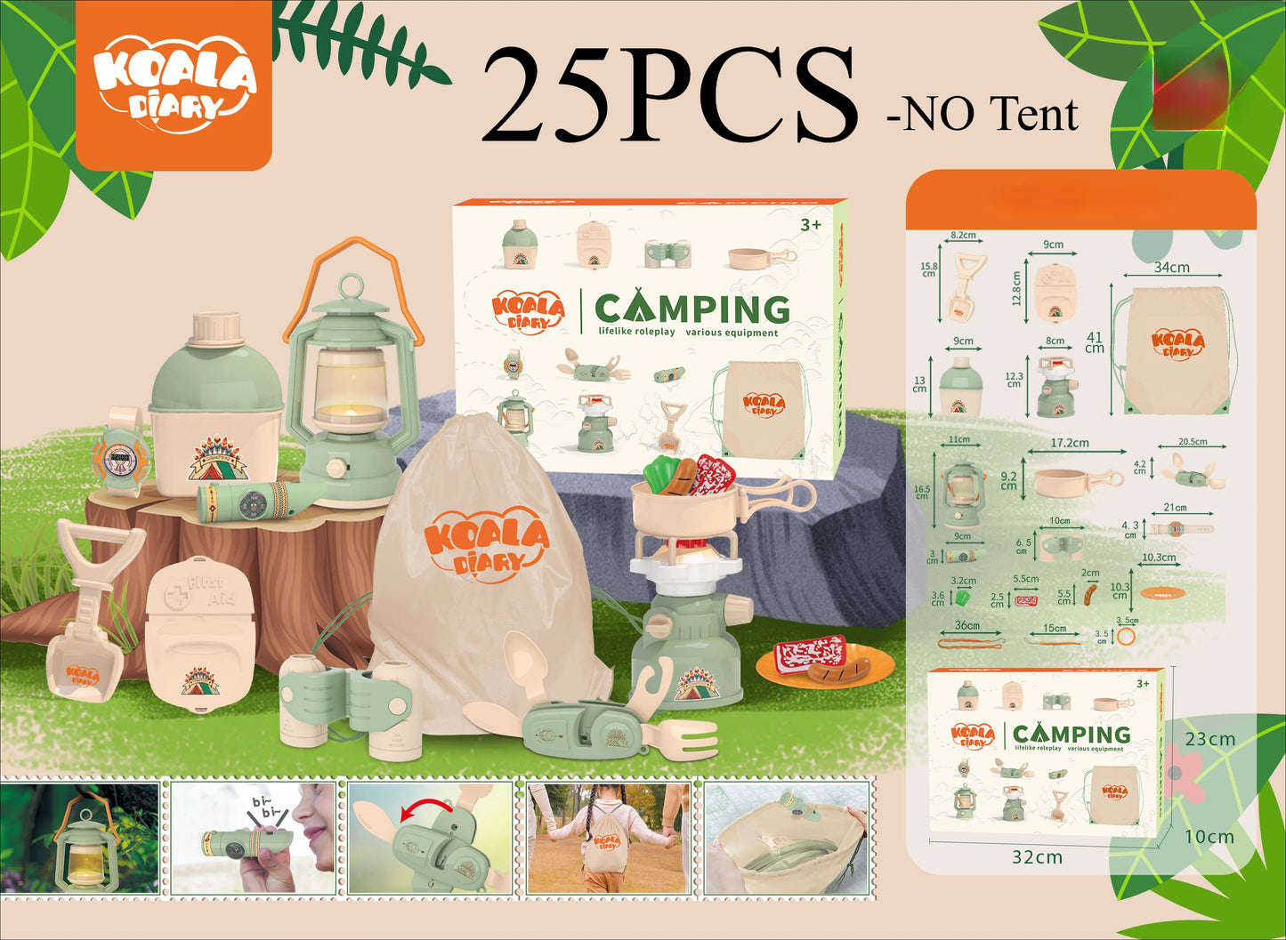 Kids Camping Set Toy Outdoor Explorer Kit Pretend Play OPTIONAL Tent Campfire Binocular Watch Bag Birthday Gift for Boys Girls