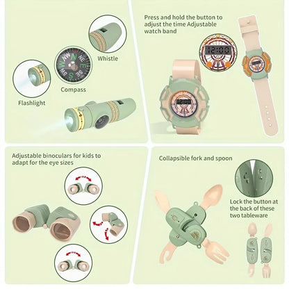 Kids Camping Set Toy Outdoor Explorer Kit Pretend Play OPTIONAL Tent Campfire Binocular Watch Bag Birthday Gift for Boys Girls