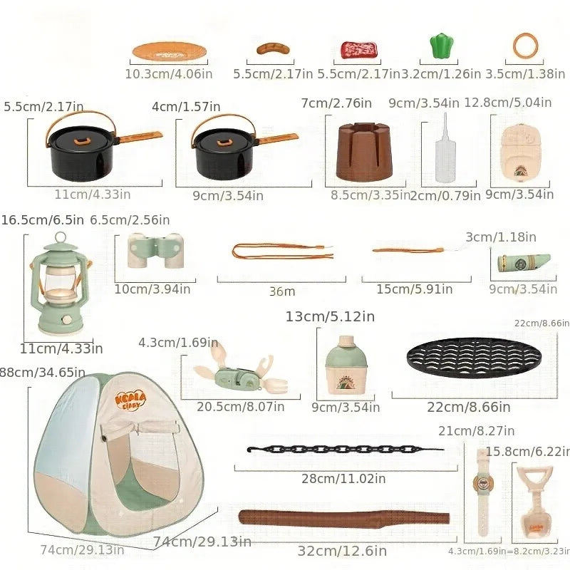 Kids Camping Set Toy Outdoor Explorer Kit Pretend Play OPTIONAL Tent Campfire Binocular Watch Bag Birthday Gift for Boys Girls